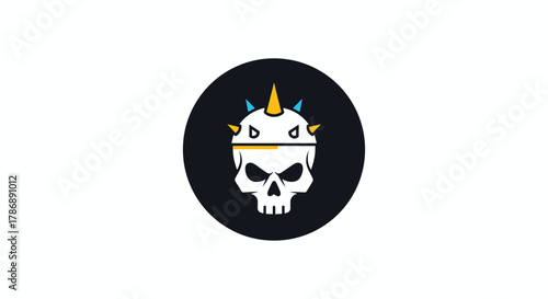 A graphic illustration of a cartoon skull character wearing a spiked helmet with yellow and blue accents on a dark circle.