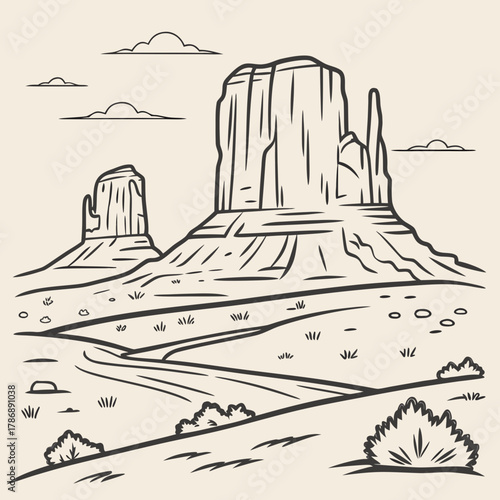 Monument valley line art illustration featuring the iconic sandstone buttes, mesas, and desert landscape of the american southwest, evoking a sense of adventure