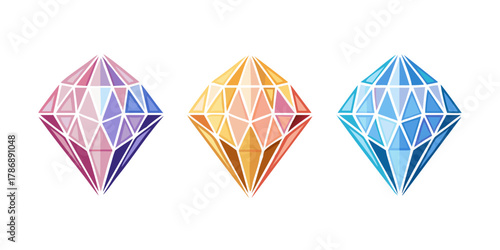 Three colorful diamond shapes, each with a unique color scheme and geometric design, create a modern and eyecatching pattern