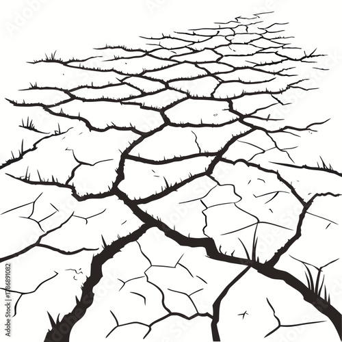 A stark illustration of cracked earth, , symbolizing drought and environmental issues with its desolate, barren landscape