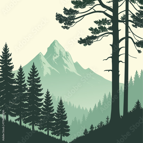 Scenic mountain vista with towering trees, presenting a captivating and breathtaking view of natures grandeur in a peaceful and harmonious setting