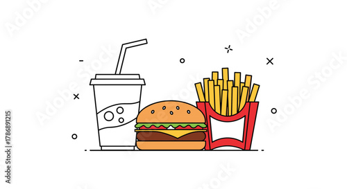 A simple illustration of a classic fast food meal featuring a burger, french fries, and a soda drink, presented on a clean white background.