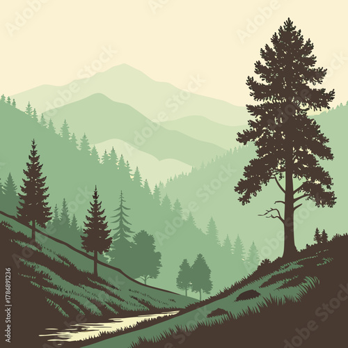 Picturesque mountain scenery with a flowing stream, capturing a tranquil and idyllic scene of natures beauty in a serene and harmonious environment