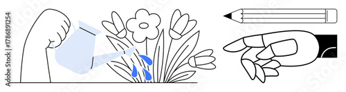 Hand watering blooming flowers, pencil symbolizing creativity, and hand planting seeds. Ideal for growth, creativity, sustainability, nurturing, learning innovation and environmental care. Simple