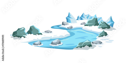 A winding river flows through a rocky, snowcovered landscape, with icy formations and sparse vegetation, creating a serene and picturesque winter scene