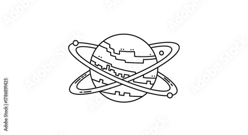 Stylized black and white line drawing of a planet with two intersecting rings and surface details, perfect for cosmic and astronomical themes.