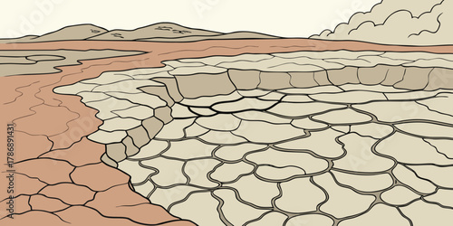 Illustration of a dry, cracked landscape with mountains in the background, the ground is beige and brown in color