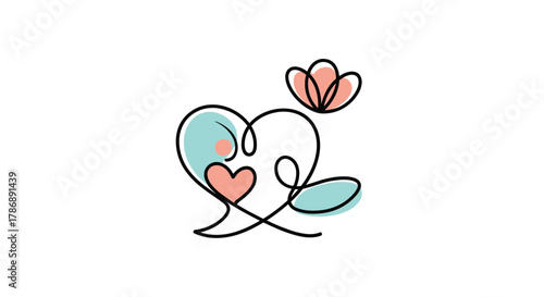 A minimalist continuous line art illustration of intertwined hearts and a blooming flower, softly colored in pastel hues, symbolizing love and tenderness.