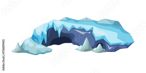 Illustration of an ice cave with icicles hanging from the ceiling, the cave is blue and white, and the icicles are sharp and pointy