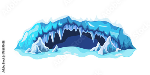 Illustration of an ice cave with icicles hanging from the ceiling, the cave is blue and white, and the icicles are sharp and pointy