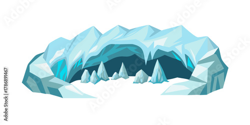 Illustration of an ice cave with icicles hanging from the ceiling, the cave is blue and white, and the icicles are sharp and pointy