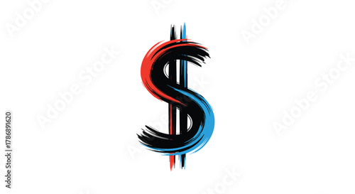 Bold dollar sign graphic featuring a mix of red, blue, and black brush strokes, highlighting financial themes and artistic expression.