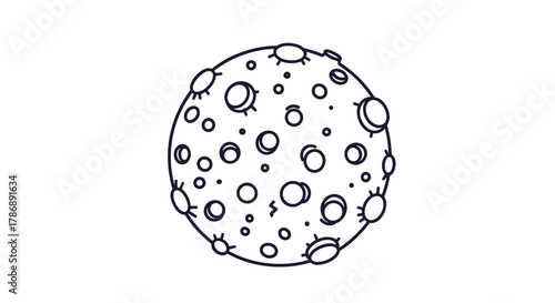 Cartoon outline illustration of a celestial body, resembling a moon or small planet, characterized by its heavily cratered surface and small protrusions.