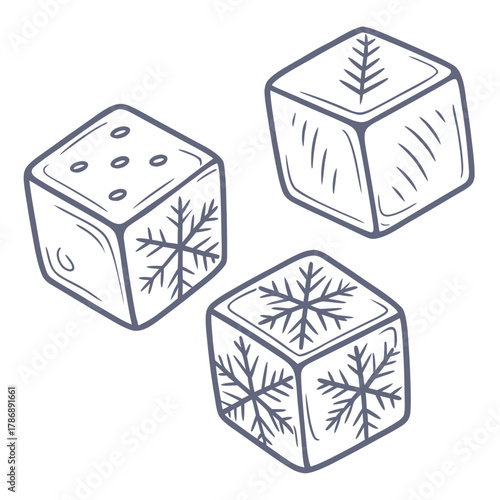 Illustration of ice cubes with snowflake patterns, perfect for winterthemed designs, adding a touch of coolness and elegance to any project