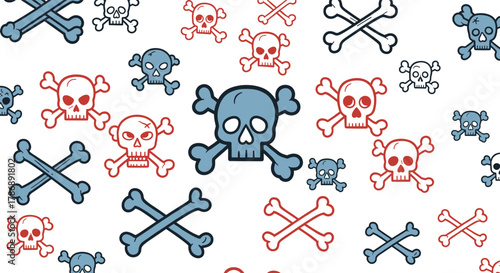 A playful and colorful pattern of stylized cartoon skulls and crossbones in blue, red, and black outlines scattered on a white background.