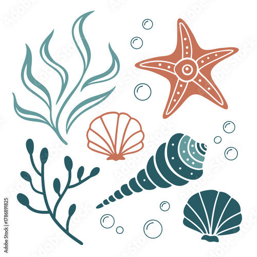 Illustration of marine life with seaweed, starfish, and shells ideal for coastal decor, oceanthemed crafts, or summer promotions