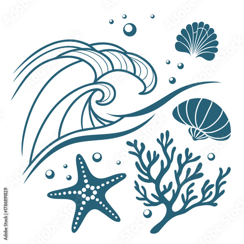 Illustration of marine life with wave, starfish, coral, and shells perfect for summer designs, beach themes, or nautical projects