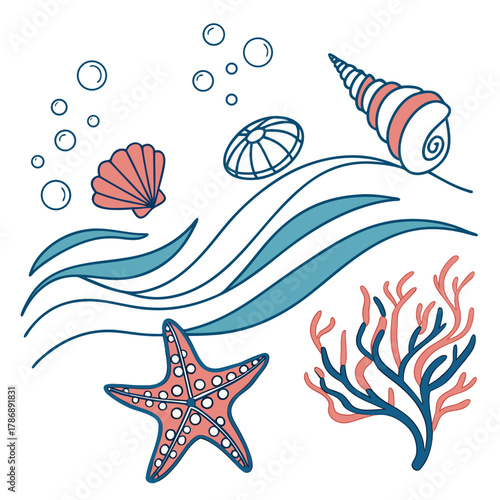 Illustration of marine life with wave, starfish, coral, and shells great for nautical designs, beachthemed projects, or summer promotions