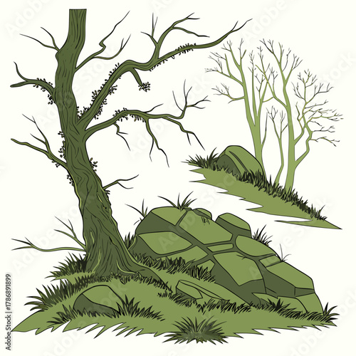 Illustration of a bare tree next to a rock formation covered in grass, with another tree and rock formation in the background
