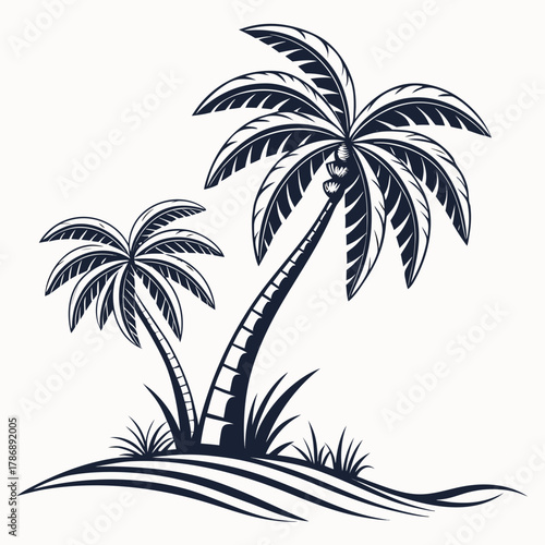 Illustration of two palm trees on a sandy dune with grass, the trees have curved trunks and crowns of leaves