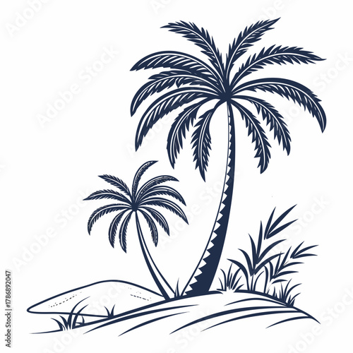 Illustration of two palm trees on a sandy dune with grass, the trees have curved trunks and crowns of leaves