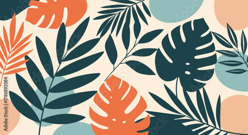 Stylish abstract botanical pattern with tropical leaves and organic shapes in warm, earthy tones, perfect for backgrounds and decor.