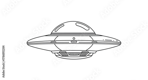 Classic flying saucer UFO line art drawing, a simple, iconic alien spaceship design with a dome and sleek body.