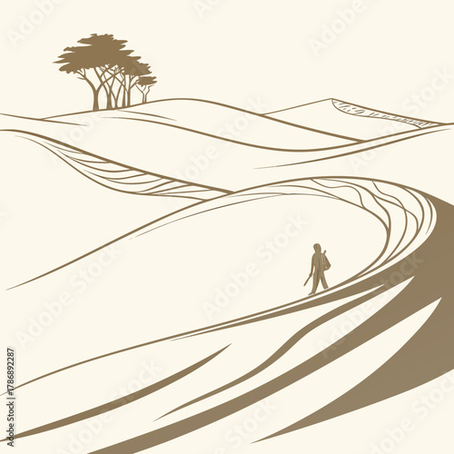 A stylized desert landscape illustration with a lone figure walking towards distant trees on sand dunes, the scene evokes adventure