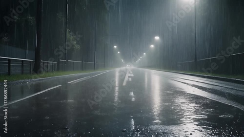 Dramatic shot of a rain-soaked road at night, illuminated by streetlights, with reflections in the wet asphalt and surrounding trees.