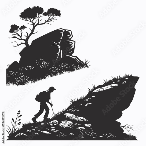 A determined hiker ascends a steep, rocky slope, with a majestic rock formation and a resilient tree standing tall against the horizon