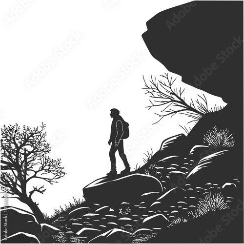 A lone hiker stands atop a rocky outcrop, gazing out at the vast expanse of the wilderness, with a rugged mountain landscape and a solitary tree nearby