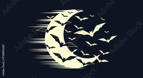 Stylized graphic illustration of a large flock of bats flying around a crescent moon with motion lines against a dark night sky.