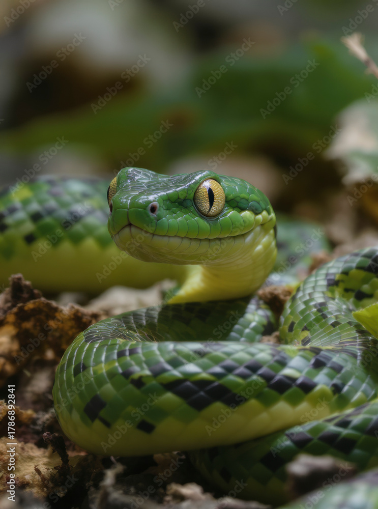 Fototapeta premium Green tree python resting on a branch surrounded by lush tropical vegetation 