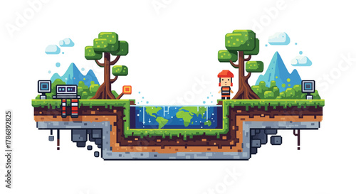 A charming pixel art landscape with a floating island, trees, mountains, a robot, a human, and a central trench featuring a digital world map.