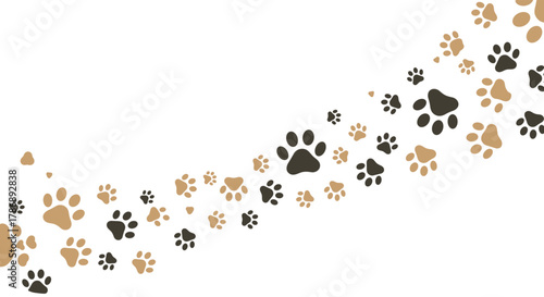 Various sizes of dark brown and light beige paw prints playfully scatter across a clean white background, forming a decorative, upward-curving path.
