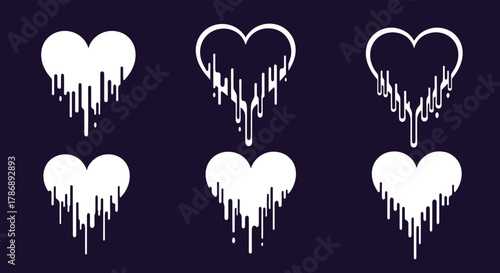 Six stylized white heart illustrations with a dripping liquid effect, including solid and outlined versions, on a dark background.