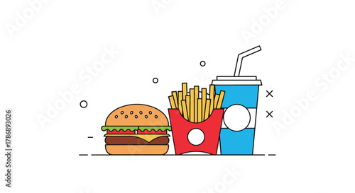 A vibrant flat design illustration features a classic fast food meal: a delicious cheeseburger, golden french fries in a red carton, and a refreshing soda drink.