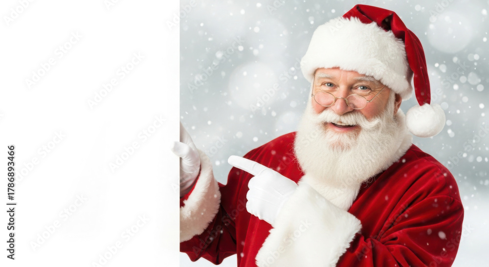 Naklejka premium Joyful Santa Claus pointing to empty space