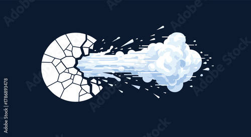 Stylized graphic showing a powerful burst of energy or smoke escaping from a broken white disc, creating a sense of impact and motion.
