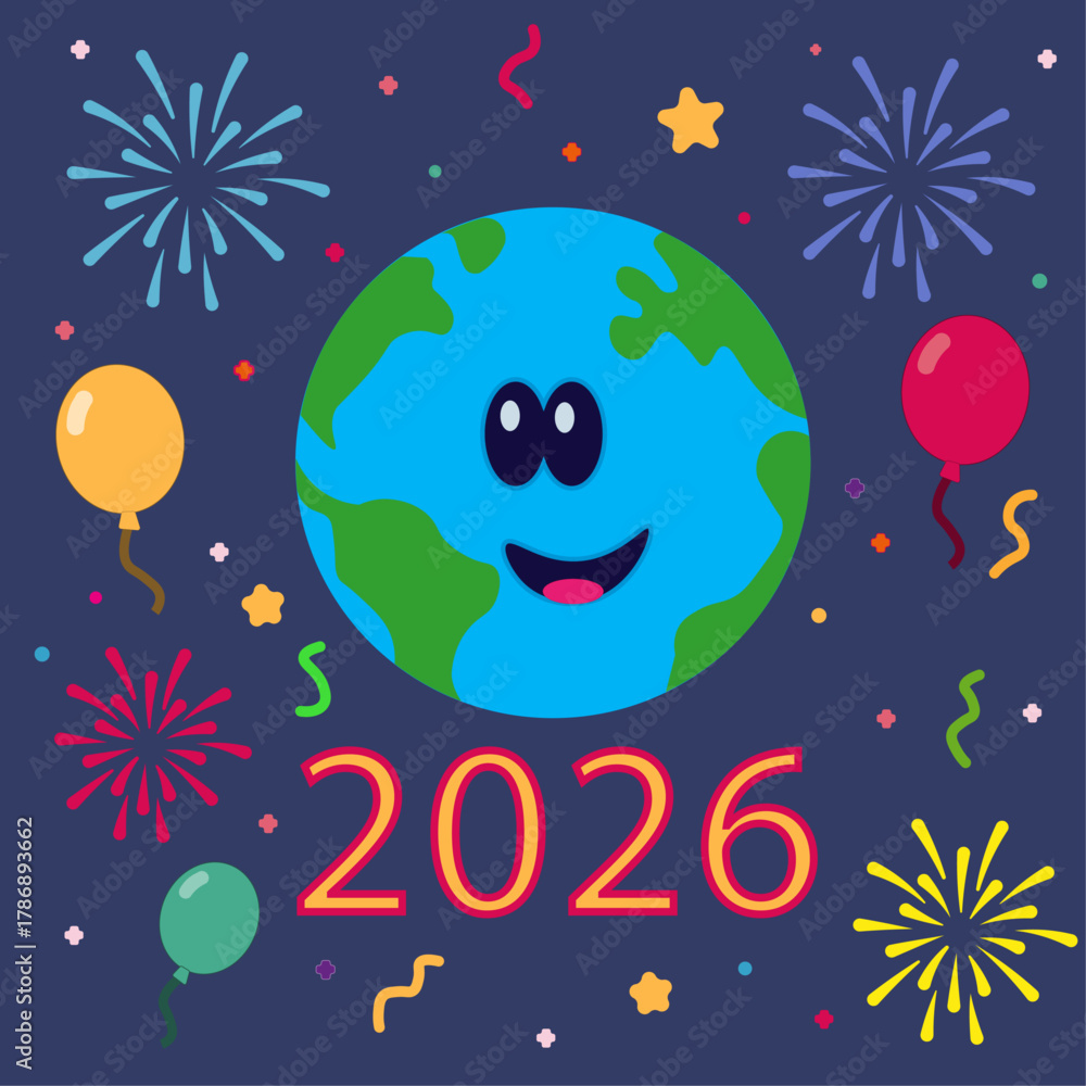 Naklejka premium Kawaii Earth Celebrating New Year 2026