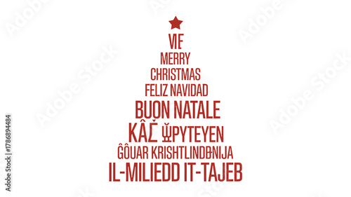 Celebrate globally with festive holiday greetings forming a joyful Christmas tree shape