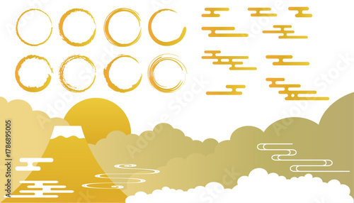 和風の装飾イラストセット　吉祥文様　流水紋　エ霞　筆丸　富士山