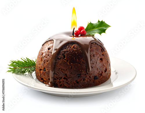 Traditional Christmas Pudding on a Plate with Brandy Flame and Festive Decorations