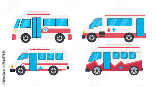 Set of medical transport for blood donor set collection. Blood donation mobile van. Medical special truck vehicle. Donorship, charity. Mobile hospital transport for vaccination vector illustration.