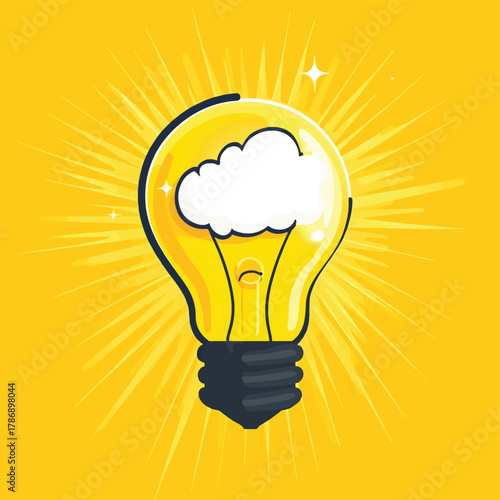 A bright idea is represented by a light bulb with a thought bubble on a yellow background with light rays   , vector style simple color