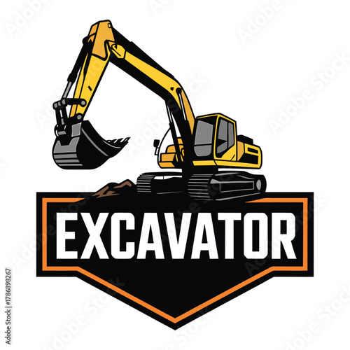 Yellow excavator machine logo with text