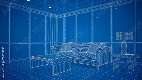 3d digital blueprint of living room interior design in blue wireframe style