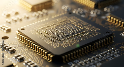 Macro Close-Up of Microchip on Circuit Board