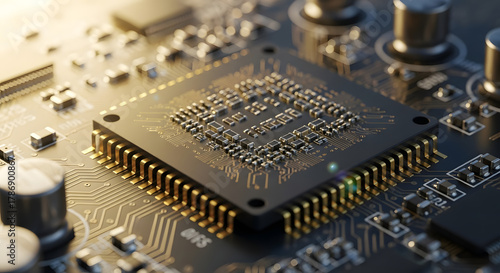 Macro Close-Up of Microchip on Circuit Board