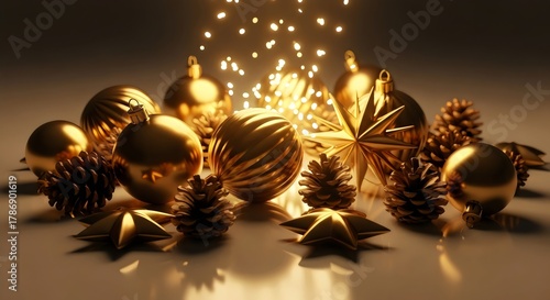 Golden Christmas Ornaments on Reflective Surface
